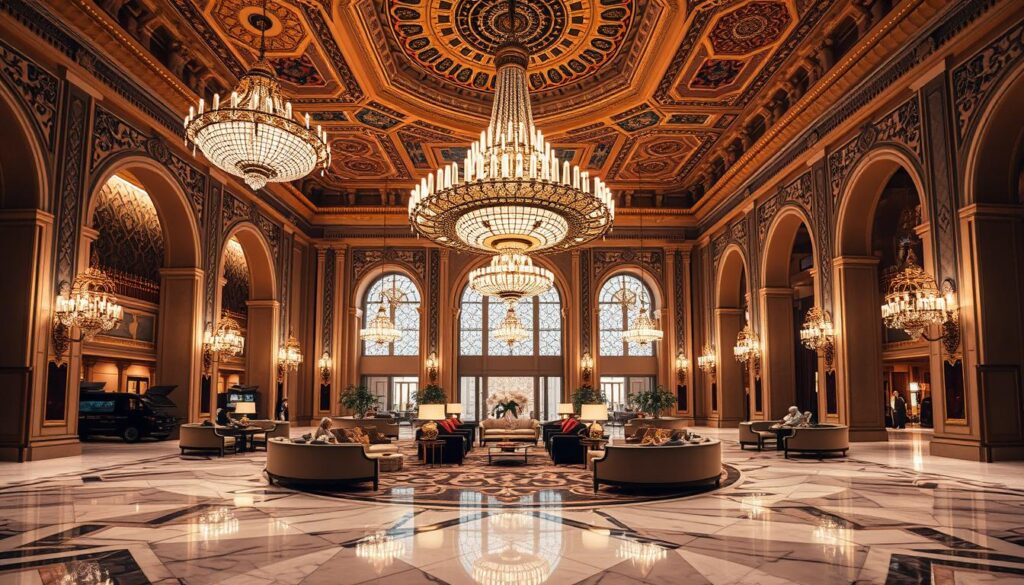 a large room with chandeliers and a large ceiling